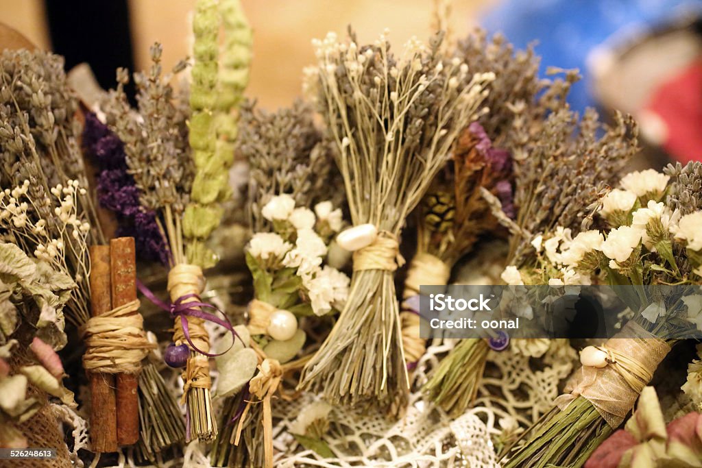 Dried Herb Bouquets Dried Herb Bouquets tied with natural string Chinese Herbal Medicine Stock Photo
