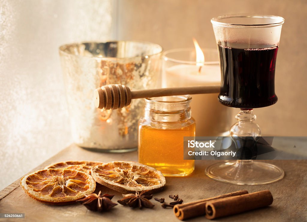 Mulled wine and spices on wooden background Alcohol - Drink Stock Photo