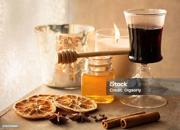 Mulled Wine And Spices On Wooden Background Stock Photo - Download Image Now - Alcohol - Drink, Anise, Candle