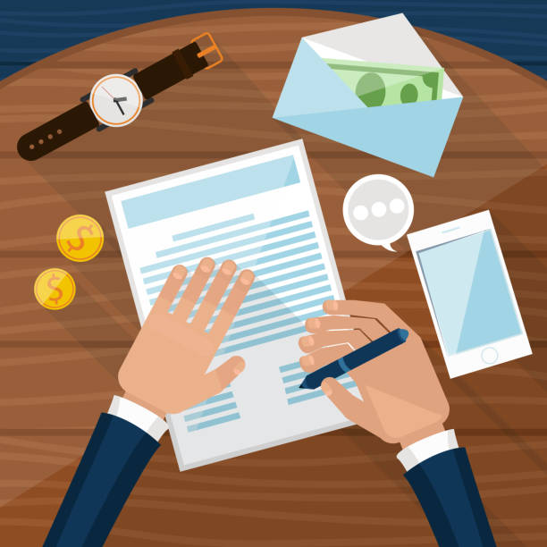 Businessman signs up document Businessman signs up document. Man signs document stamped handle puts his signature cartoon flat design style man writing on white board stock illustrations