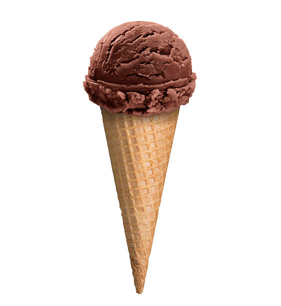 istock Chocolate ice cream scoop in waffle cone isolated on white 526256277
