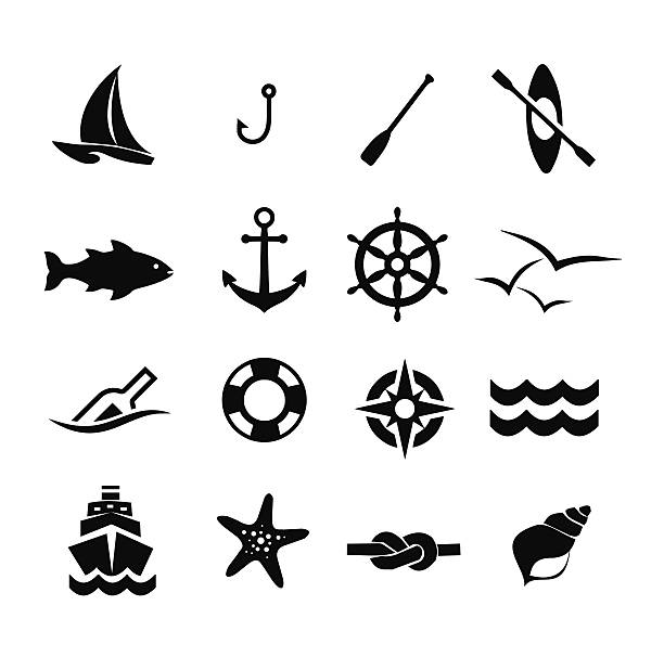 marine-icon-set, vektor-illustration - sailing ship sailing sea military ship stock-grafiken, -clipart, -cartoons und -symbole