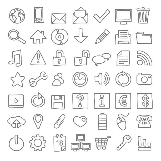 conjunto de 49 iconos web dibujados z mano - recycling symbol audio stock illustrations