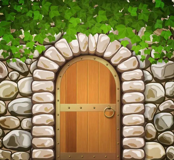 Vector illustration of Stone wall with arched medieval wooden door and leaves