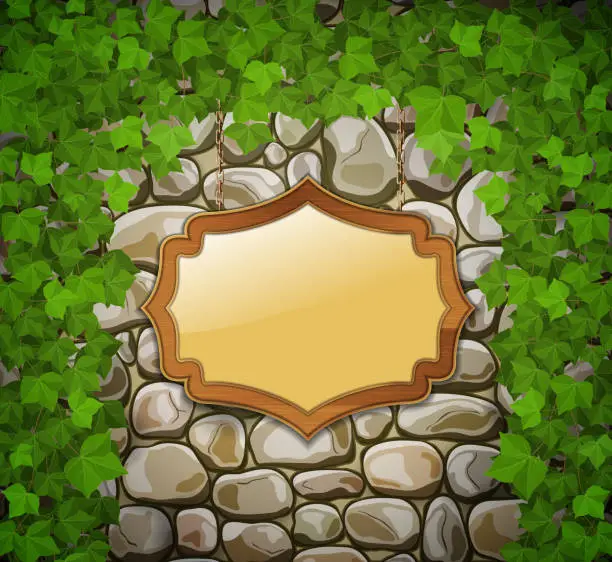 Vector illustration of Stone wall with wooden shield and leaves