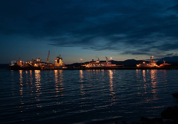 boats in the port of Ushuaia Argentina at night boats in the port of Ushuaia Argentina at night beagle channel photos stock pictures, royalty-free photos & images
