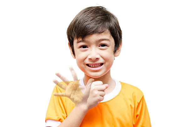 Color orange kid hand sign language on white background