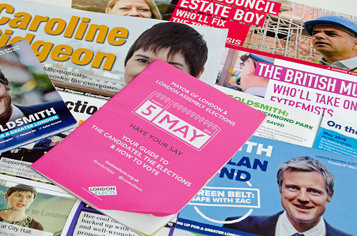 London, UK - May 1, 2016:  Election leaflets publicising candidates for the Mayor of London election on Thursday 5th May 2016.  Candidates include Sadique Khan, Zac Goldsmith, Caroline Pidgeon and Sian Berry.