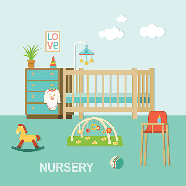 Nursery interior.Flat style vector illustration Baby room with furniture.Nursery interior.Flat style vector illustration newborn horse stock illustrations