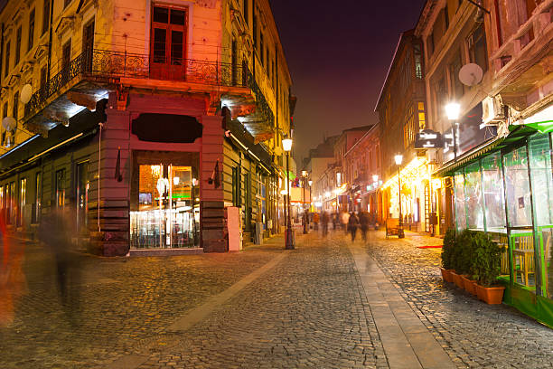 Strada Eelari street view at night in Bucharest, Romania