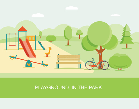 Flat style playground in park. Children's playground with swings, slide, bench. Trees and shrubs. Vector illustration.