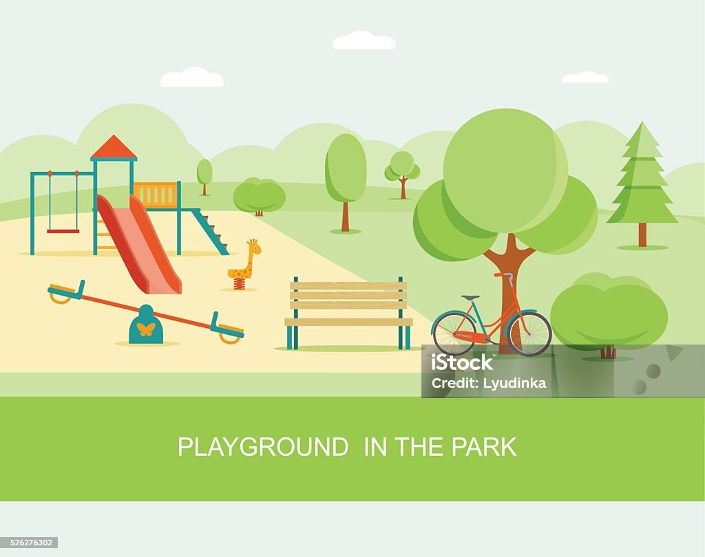Flat style playground in park. Vector illustration. Flat style playground in park. Children's playground with swings, slide, bench. Trees and shrubs. Vector illustration. Playground stock vector