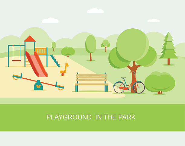 Flat style playground in park. Vector illustration. Flat style playground in park. Children's playground with swings, slide, bench. Trees and shrubs. Vector illustration. public park illustrations stock illustrations