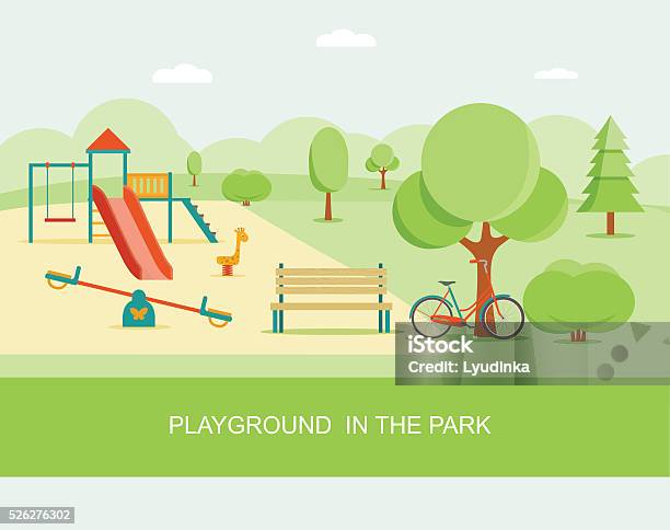 Flat Style Playground In Park Vector Illustration Stock Illustration - Download Image Now