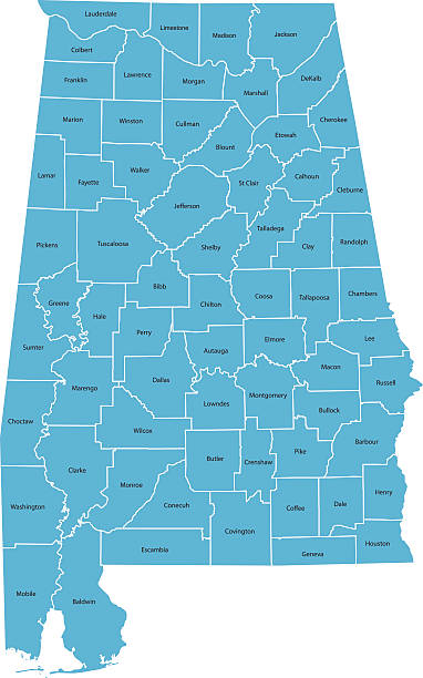 Alabama Map Highly detailed map of Alabama , Each county is an individual object and can be colored separately. alabama stock illustrations