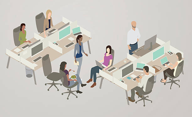 Office Collaboration Illustration People collaborate in an open-plan office space. A diverse, creative team of women and men collaborate over laptops and large monitors, while one man uses a stand-up desk. The vector illustration represents a familiar modern scene, and is presented in isometric view. typing illustrations stock illustrations
