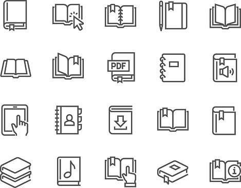 Simple Set of Book Related Vector Line Icons. Contains such Icons as Organizer, Learning, E-Reader, Audiobook and more.  Editable Stroke. 48x48 Pixel Perfect.