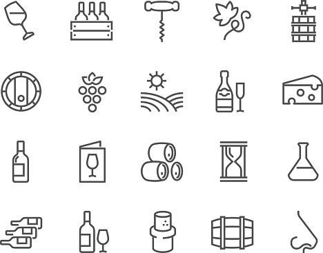 Simple Set of Wine Related Vector Line Icons. Contains such Icons as Wine Press, Winery, Nose, Cork, Cheese, Menu Vineyard and more. Editable Stroke. 48x48 Pixel Perfect.