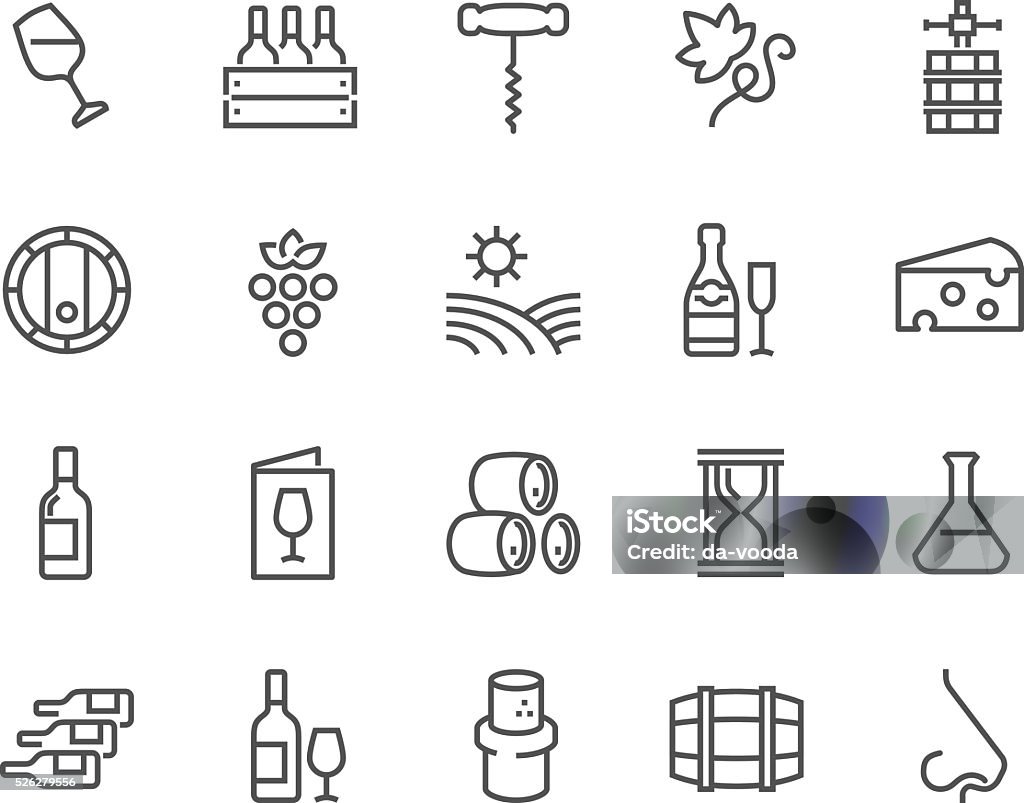 Line Wine Icons Simple Set of Wine Related Vector Line Icons. Contains such Icons as Wine Press, Winery, Nose, Cork, Cheese, Menu Vineyard and more. Editable Stroke. 48x48 Pixel Perfect. Icon Symbol stock vector