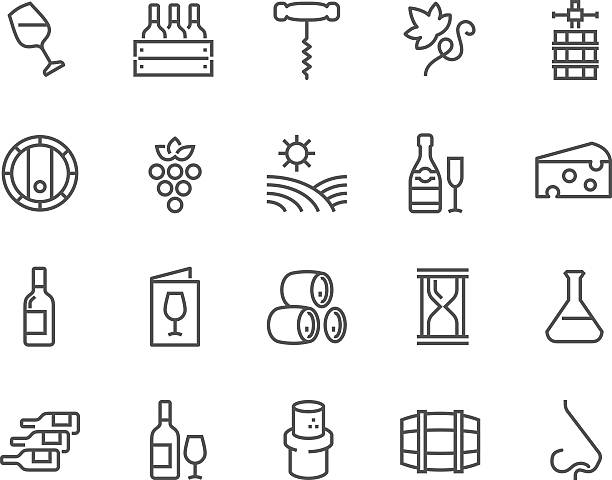 Line Wine Icons Simple Set of Wine Related Vector Line Icons. Contains such Icons as Wine Press, Winery, Nose, Cork, Cheese, Menu Vineyard and more. Editable Stroke. 48x48 Pixel Perfect. wine and oenology graphic stock illustrations