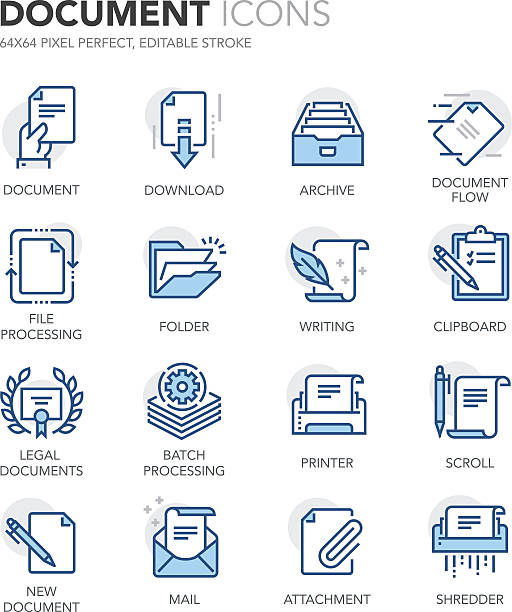 Blue Line Documents Icons Simple Set of Document Related Color Vector Line Icons. Contains such Icons as Batch Processing, Legal Documents, Clipboard, Download, Document Flow and more. Editable Stroke. 64x64 Pixel Perfect. law patterns stock illustrations