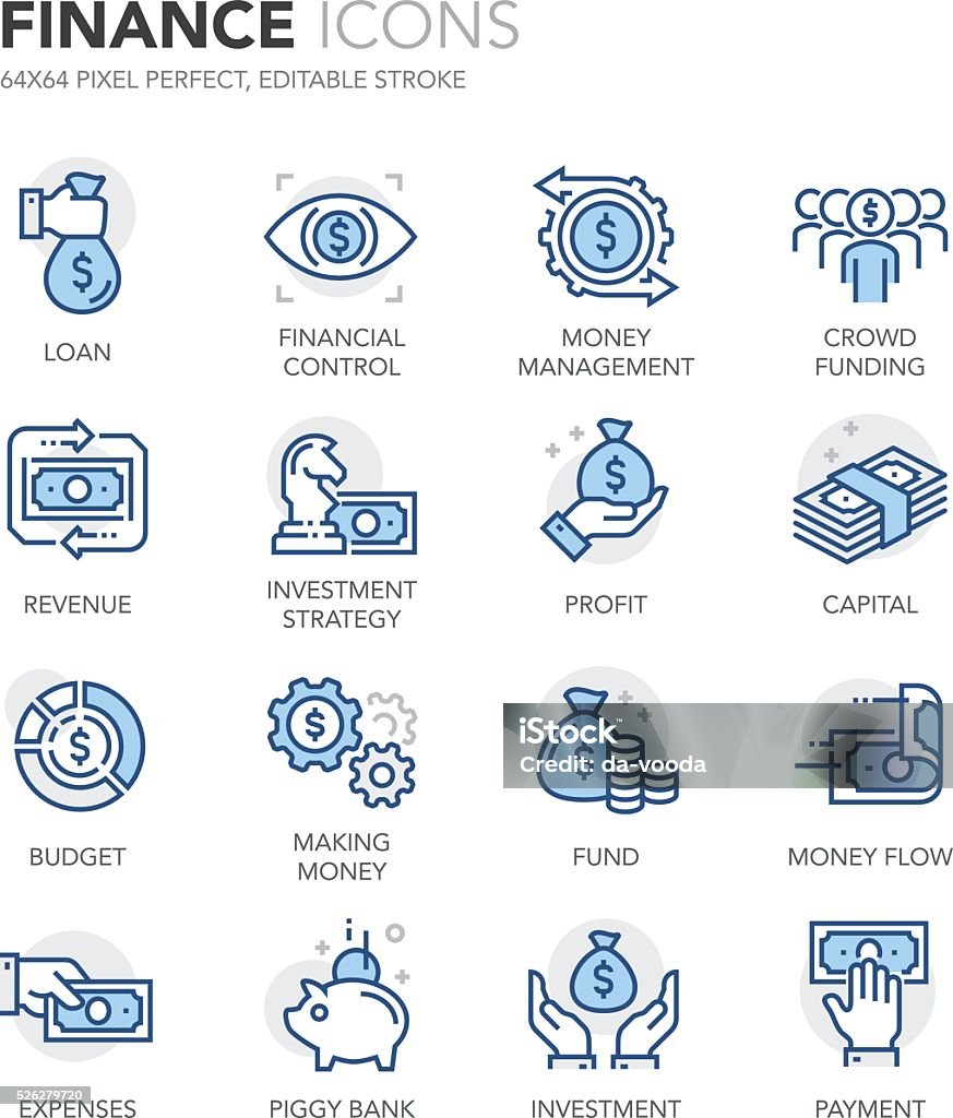 Blue Line Finance Icons Simple Set of Finance Related Color Vector Line Icons. Contains such Icons as and Crowd Funding, Capital, Money Flow, Money Management, Investment Strategy more. Editable Stroke. 64x64 Pixel Perfect. Icon Symbol stock vector