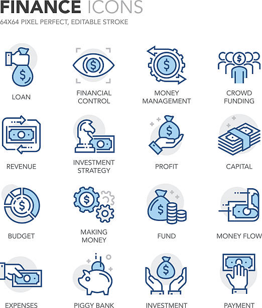 Blue Line Finance Icons Simple Set of Finance Related Color Vector Line Icons. Contains such Icons as and Crowd Funding, Capital, Money Flow, Money Management, Investment Strategy more. Editable Stroke. 64x64 Pixel Perfect. coin outline stock illustrations