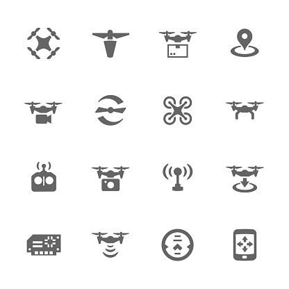 Simple Set of Drone Related Vector Icons. Contains Such Icons as Quadrocopter, Rotor, Radio Antena, Landing, Remote Control and More.