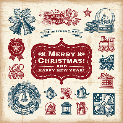 A set of fully editable vintage Christmas elements in woodcut style. EPS10 vector illustration. Includes high resolution JPG.