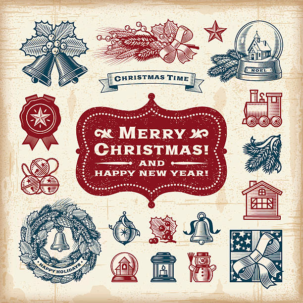 Vintage Christmas Set A set of fully editable vintage Christmas elements in woodcut style. EPS10 vector illustration. Includes high resolution JPG. church borders stock illustrations
