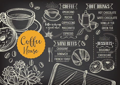 Coffee restaurant brochure vector, coffee shop menu design. Vector cafe template with hand-drawn graphic. Coffee flyer.