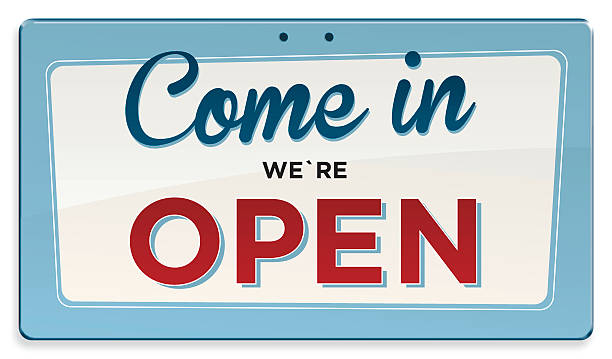Come in we´re Open Vintage styled vector sign. Rounded edges, shadow and holes are in own layers. store sign stock illustrations