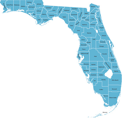 Highly detailed map of Florida , Each county is an individual object and can be colored separately.