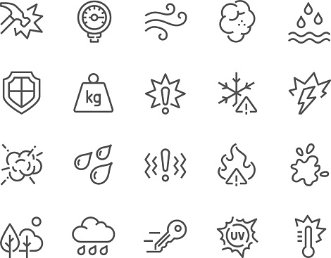 Simple Set of Influence Related Vector Line Icons. Contains such Icons as Water Resistance, Heat, Dust, Impact, Scratch, UV rays, Waterproof, Shockproof and more. Editable Stroke. 48x48 Pixel Perfect.