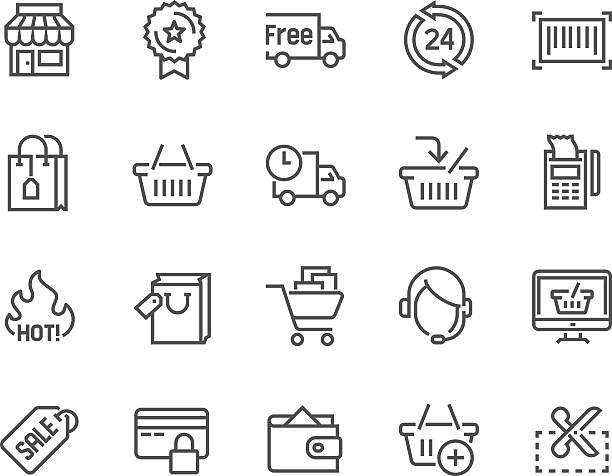 Line Shopping Icons Simple Set of Shopping Related Vector Line Icons. Contains such Icons as Shop, Delivery, Shopping bag, Sale, Wallet, Online Support and more. Editable Stroke. 48x48 Pixel Perfect. selling stock illustrations