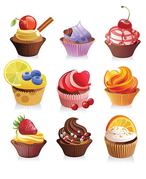 delicious yummy cupcakes, vector illustration delicious yummy cupcakes, vector illustration. Zip-file includes *pdf, *jpeg 6300x7500, *cdr X5, *ai 10 mango jam stock illustrations