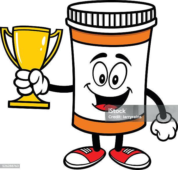 Pill Bottle With Trophy Stock Illustration - Download Image Now - Bottle, Capsule - Medicine, Characters