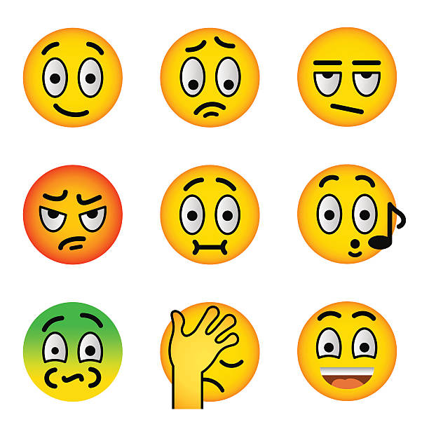 Smiley face emoji flat vector icons set Smiley face flat vector icons set. Emoji emoticons. Facial emotions and expression symbols. Cute cartoon illustrations of mood and reactions for text chat and web messenger. Yellow ball character facepalm funny stock illustrations