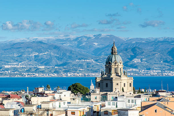 Panoramic view of the Messina. Temple Christ the King.  Sicily. Italy