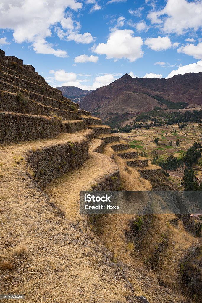 Closeup of Inca's terraces in Pisac, Sacred Valley, Peru Closeup of the majestic sinuous terraces of Pisac, Inca's site in Sacred Valley, major travel destination in Cusco region, Peru. Adventure Stock Photo