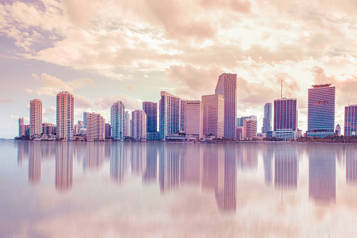 Beautiful soft pastel toned Miami Florida skyline with reflections
