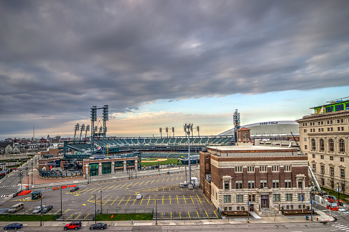 Detroit, Michigan, USA - April 10, 2015: Pictured here is the Detroit Tiger Stadium photographed from the roof of the Detroit Opera House in the evening.