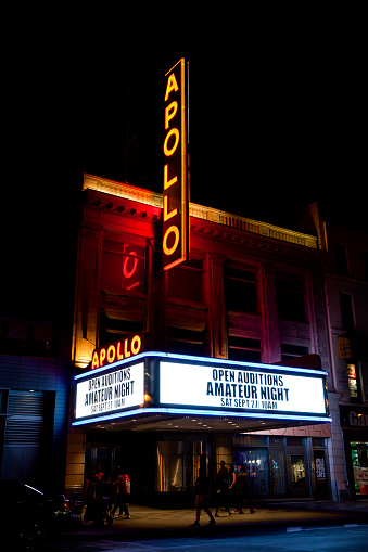 New York, NY, USA - September 20, 2014: Apollo theatre: The Apollo Theater at 253 West 125th Street between Adam Clayton Powell Jr. Boulevard  and Frederick Douglass Boulevard in the Harlem neighborhood of Manhattan, New York City is a music hall which is a noted venue for African-American performers.