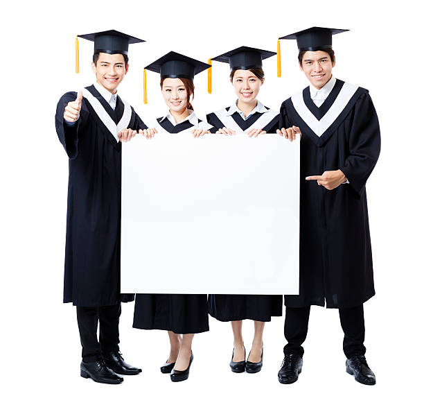 istock young Group of graduate students presenting empty banner 526303516