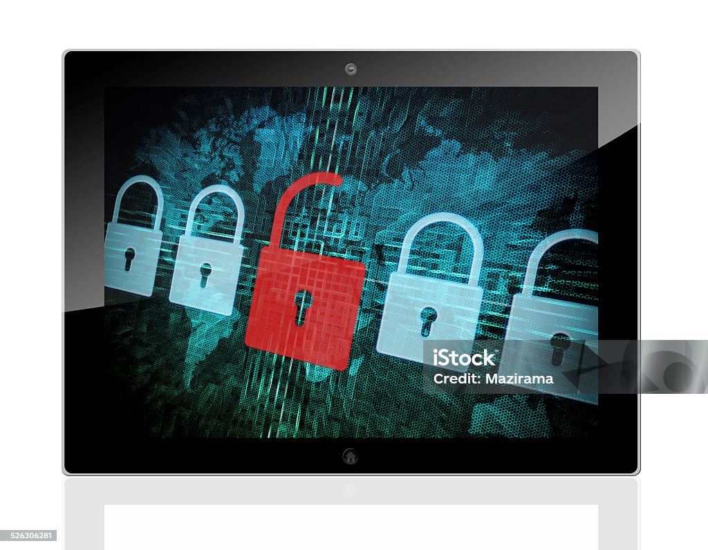 security concept security concept - Tablet PC with Locks on digital screen with world map Abstract Stock Photo