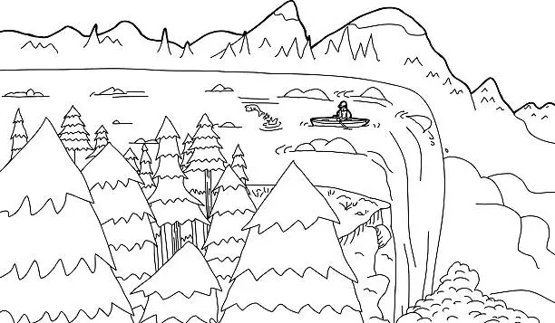 Vector illustration of Outline of Boat at Waterfall