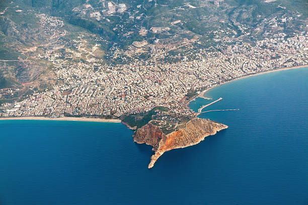 Aerial view of Alanya Aerial view of Alanya, Castle and Mediterranean Sea, Alanya / Turkey alanya stock pictures, royalty-free photos & images