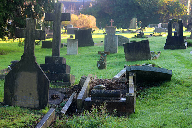 istock Image of neglected RIP gravestones, church graveyard cemetery, leaning / falling-over 526308889