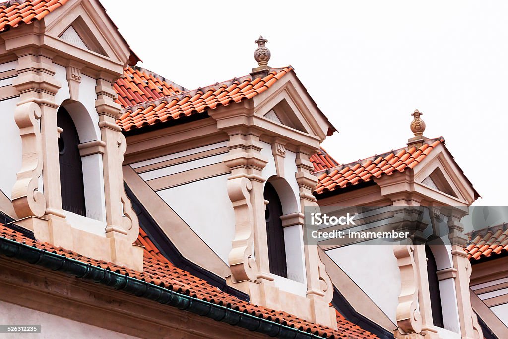 Roof with three attic windows, white background, copy space Closeup  three old style attic windows in Europe, full frame horizontal composition with copy space Architecture Stock Photo