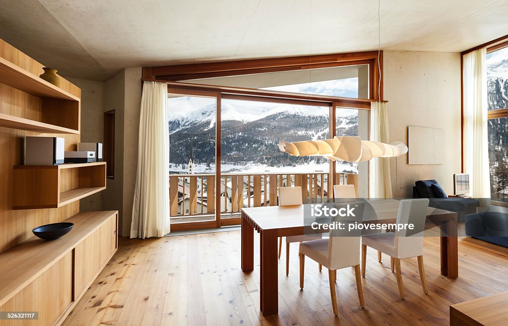 mountain home, empty room interior mountain house, beautiful dining room Window Stock Photo